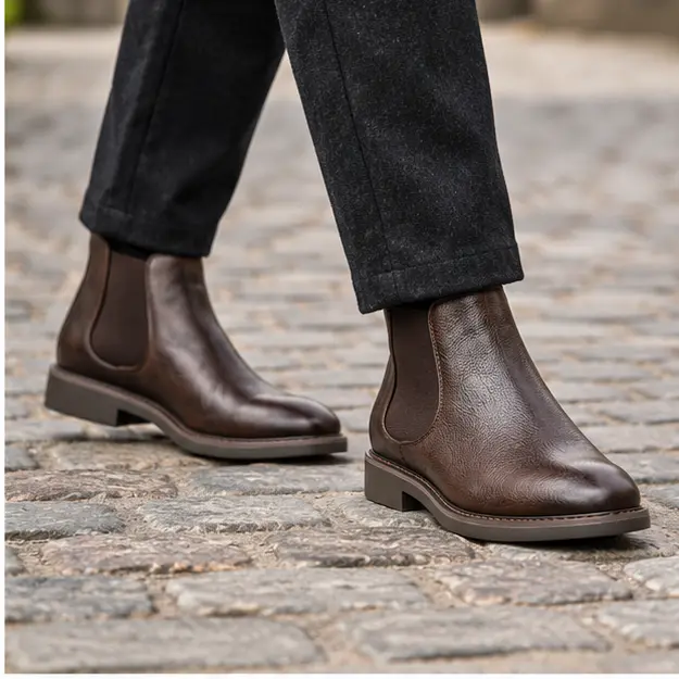 bottines chelsea homme marron fonce a tige unie portees en marchant avec un pantalon sombre 45342