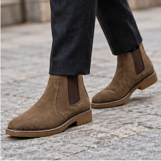 bottines chelsea homme marron fourrees a finition mate portees en marchant avec un pantalon sombre 45360