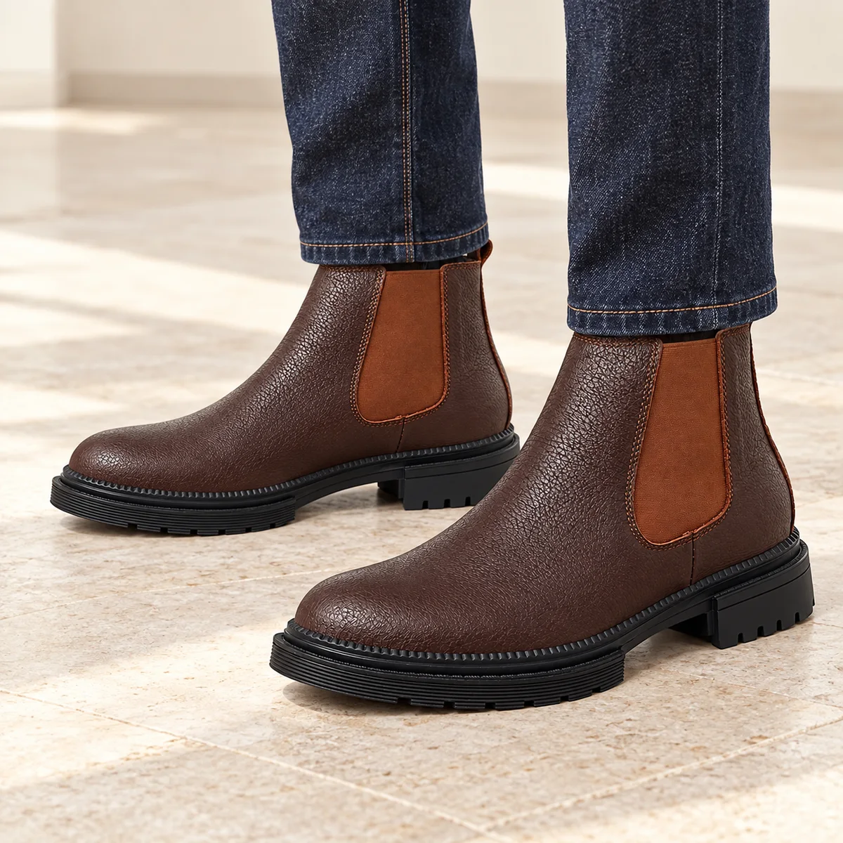 bottines chelsea homme marron fourrees portees par un homme