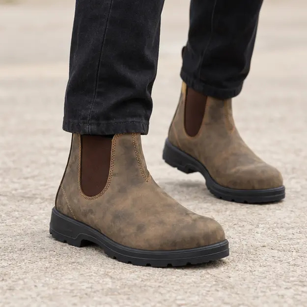 bottines chelsea homme marron patine a semelle epaisse portees en marchant avec un pantalon sombre 45435