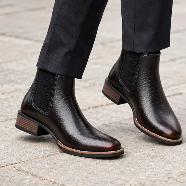 bottines chelsea homme marron tres fonce a texture ecaille portees en marchant avec un pantalon sombre 45415