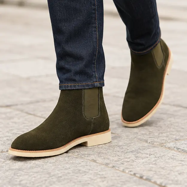 bottines chelsea homme vert militaire a semelle claire portees en marchant avec un pantalon sombre 45411