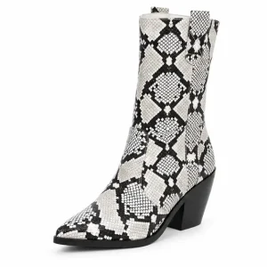 bottines cowboy femme blanches effet serpent vue de trois quarts sur fond blanc 45203