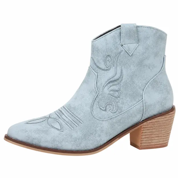 bottines cowboy femme bleu clair a broderies vue de profil sur fond blanc 45204