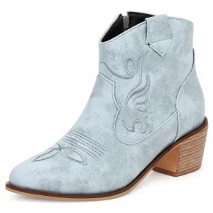 bottines cowboy femme bleu clair a broderies vue de trois quarts sur fond blanc 45204