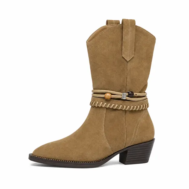 bottines cowboy femme camel a brides vue de profil sur fond blanc 45133