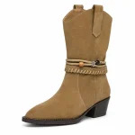 bottines cowboy femme camel a brides vue de trois quarts sur fond blanc 45133