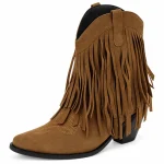 bottines cowboy femme marron a franges vue de trois quarts sur fond blanc 45208