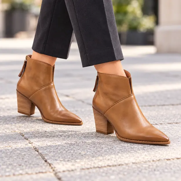 bottines cowboy femme marron a talon portees en marchant avec un pantalon sombre 45207