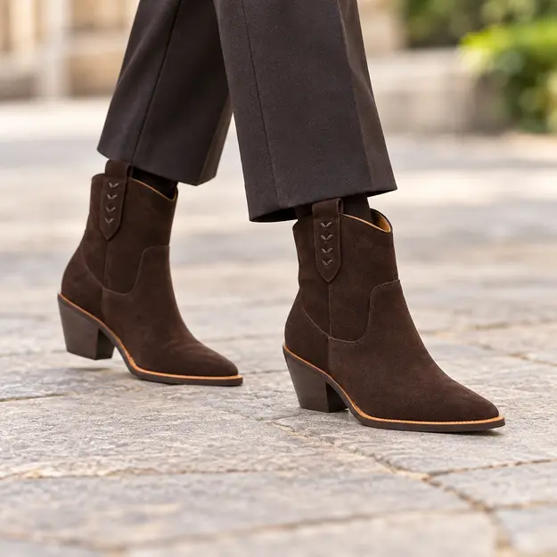 bottines cowboy femme marron fonce fourrees portees en marchant avec un pantalon sombre 45142