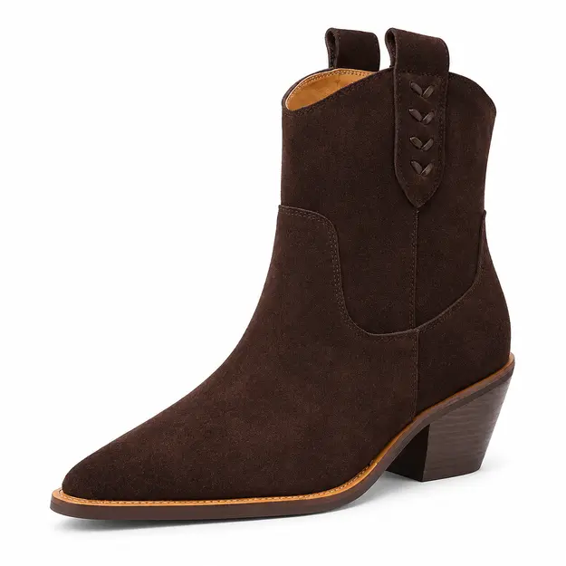 bottines cowboy femme marron fonce fourrees vue de trois quarts sur fond blanc 45142