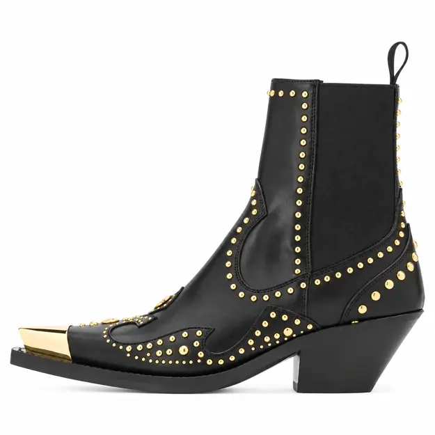 bottines cowboy femme noires a details dores vue de profil sur fond blanc 45206