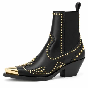 bottines cowboy femme noires a details dores vue de trois quarts sur fond blanc 45206