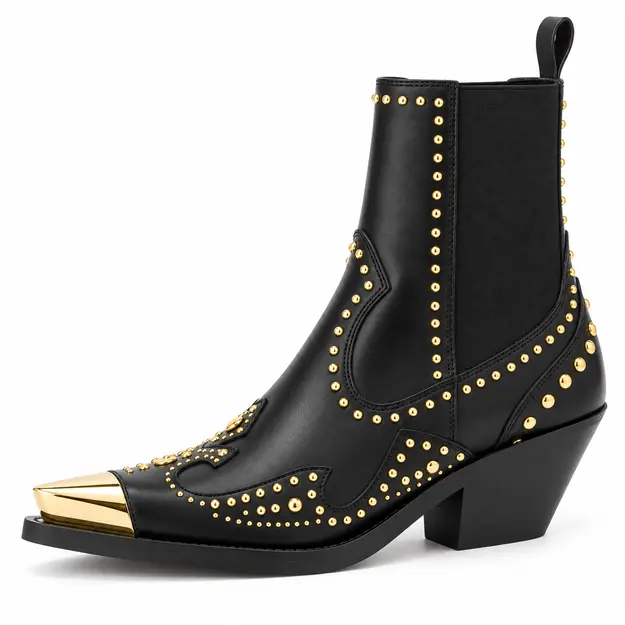 bottines cowboy femme noires a details dores vue de trois quarts sur fond blanc 45206