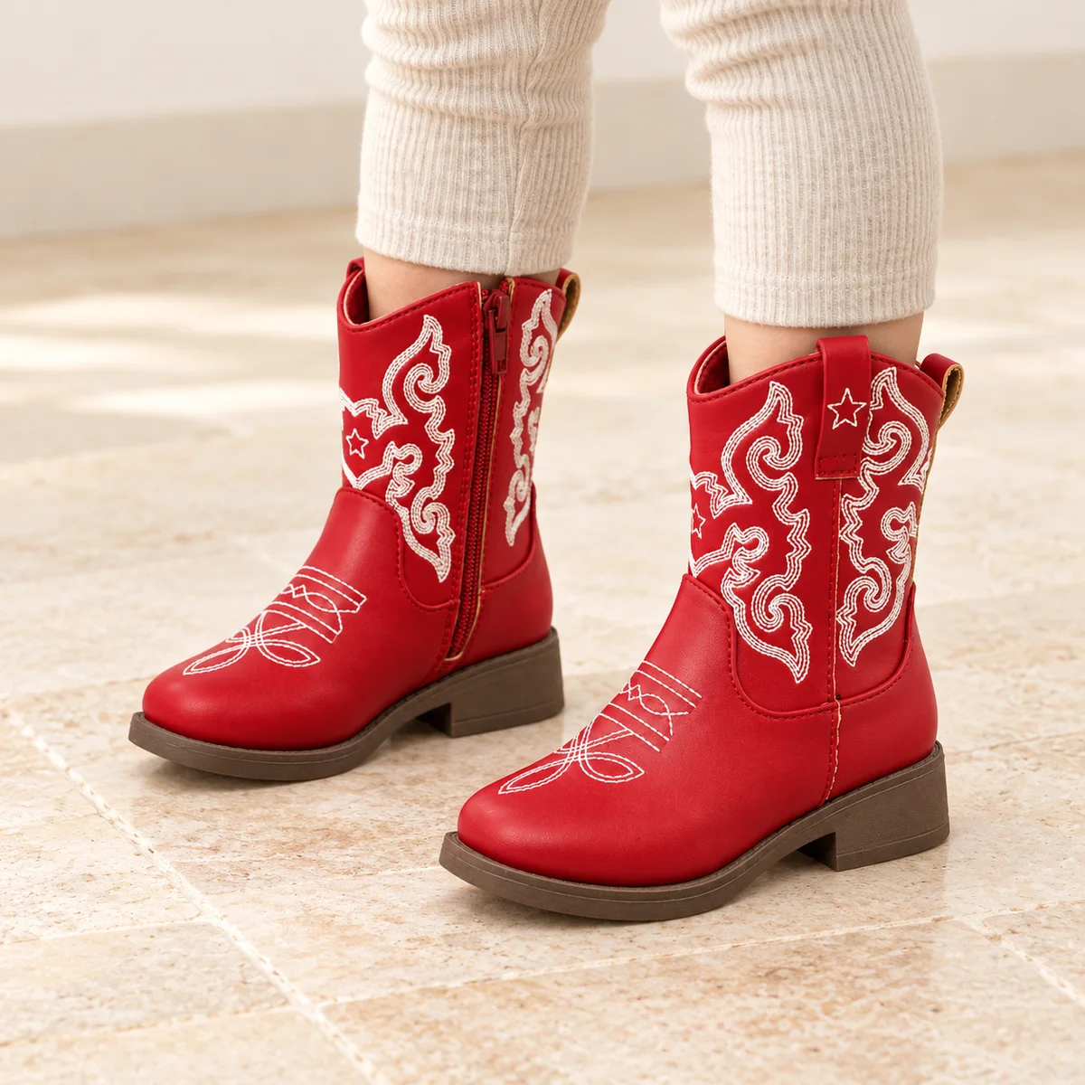 bottines cowboy fille rouges brodees portees par un enfant