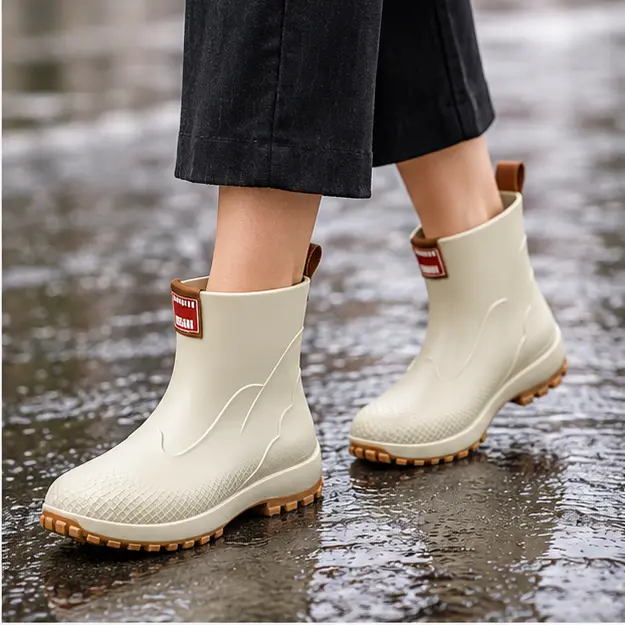 bottines de pluie femme beiges a semelle epaisse portees en marchant avec un pantalon sombre 45182