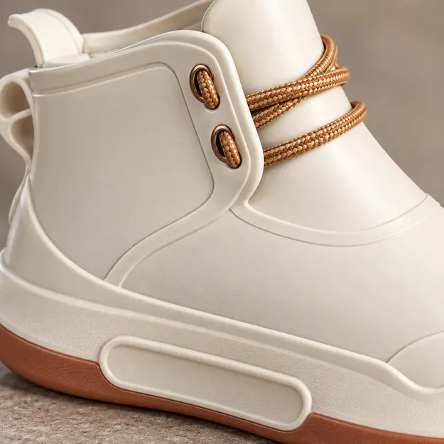 bottines de pluie femme beiges et blanches style sport detail des illets et de la semelle beige 45171