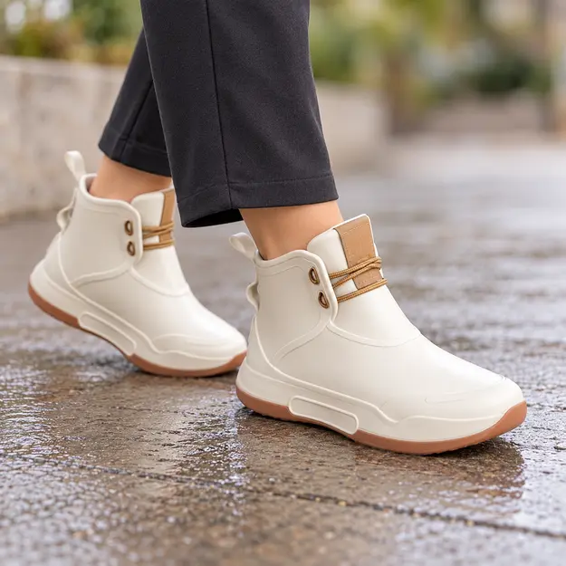 bottines de pluie femme beiges et blanches style sport portees en marchant avec un pantalon sombre 45171