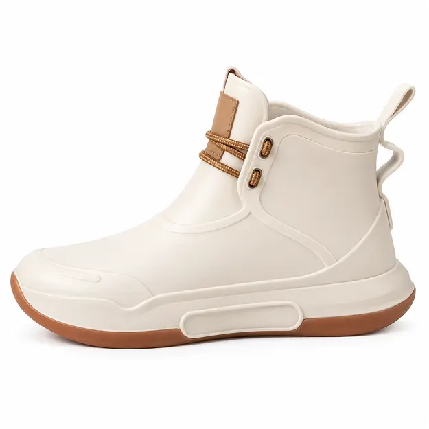 bottines de pluie femme beiges et blanches style sport vue de profil sur fond blanc 45171