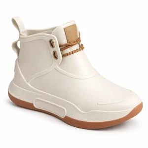 bottines de pluie femme beiges et blanches style sport vue de trois quarts sur fond blanc 45171