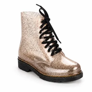 bottines de pluie femme beiges et noires a lacets vue de trois quarts sur fond blanc 45191