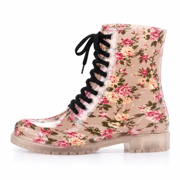 bottines de pluie femme beiges fleuries fantaisie vue de profil sur fond blanc 45175