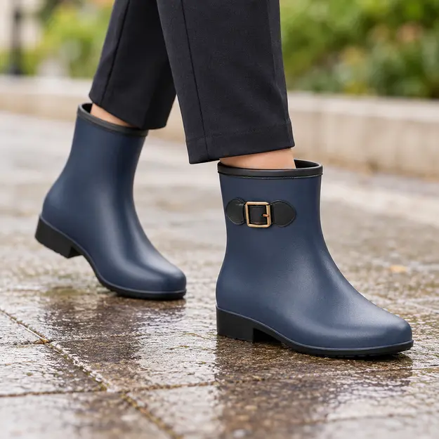 bottines de pluie femme bleues a enfiler portees en marchant avec un pantalon sombre 45167