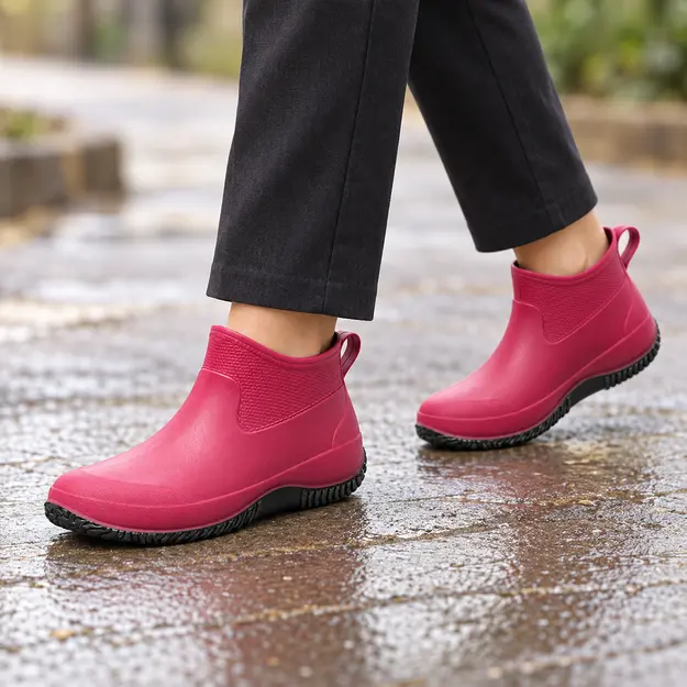 bottines de pluie femme fuchsia a semelle contrastante portees en marchant avec un pantalon sombre 45161