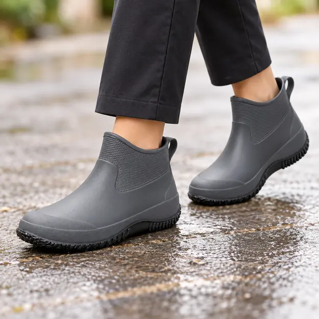 bottines de pluie femme grises a semelle contrastante portees en marchant avec un pantalon sombre 45162