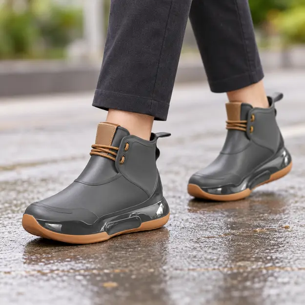 bottines de pluie femme grises style sport portees en marchant avec un pantalon sombre 45170
