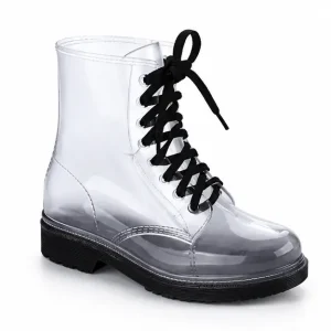 bottines de pluie femme noires et blanches a lacets vue de trois quarts sur fond blanc 45189