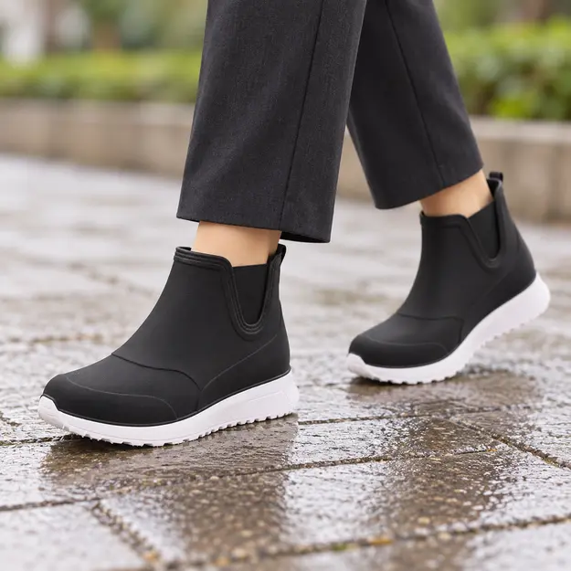 bottines de pluie femme noires et blanches fourrees portees en marchant avec un pantalon sombre 45178