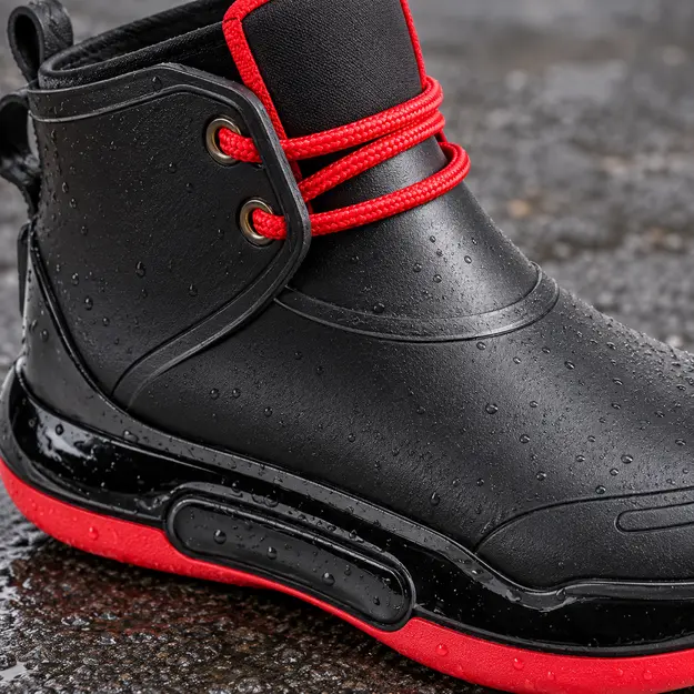 bottines de pluie femme noires et rouges style sport detail des lacets rouges et de la semelle 45172