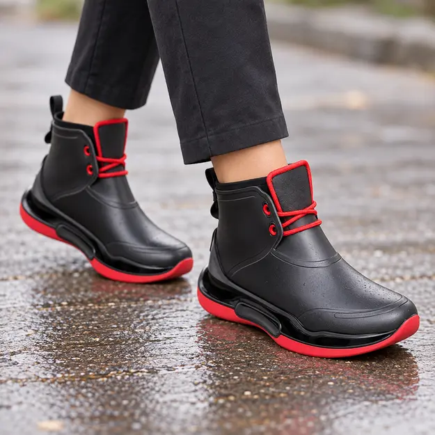 bottines de pluie femme noires et rouges style sport portees en marchant avec un pantalon sombre 45172