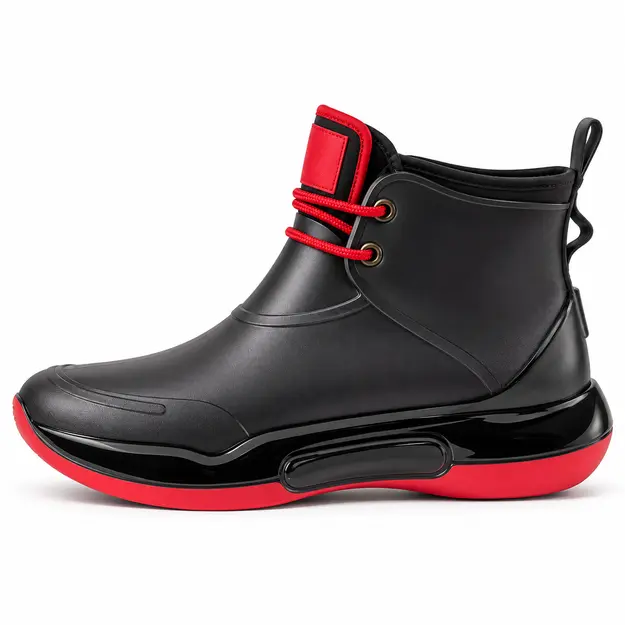 bottines de pluie femme noires et rouges style sport vue de profil sur fond blanc 45172