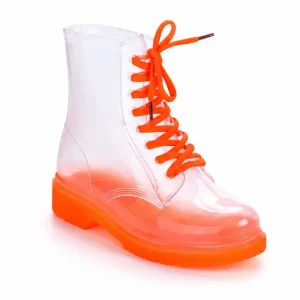 bottines de pluie femme orange a lacets vue de trois quarts sur fond blanc 45188