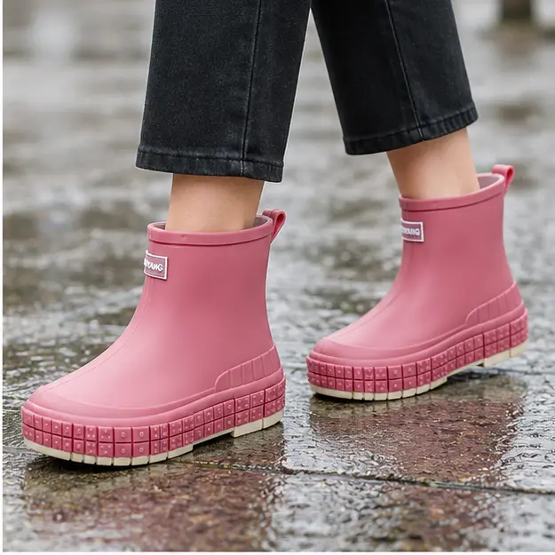 bottines de pluie femme roses en caoutchouc portees en marchant avec un pantalon sombre 45185