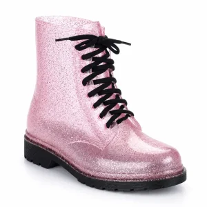 bottines de pluie femme roses pailletees fantaisie vue de trois quarts sur fond blanc 45174