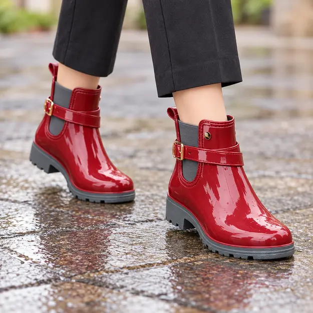 bottines de pluie femme rouges en caoutchouc portees en marchant avec un pantalon sombre 45169