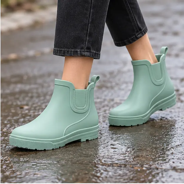 bottines de pluie femme vertes en pvc portees en marchant avec un pantalon sombre 45195