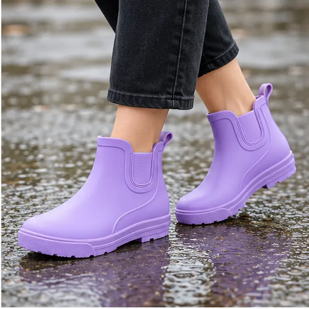bottines de pluie femme violettes en pvc portees en marchant avec un pantalon sombre 45193