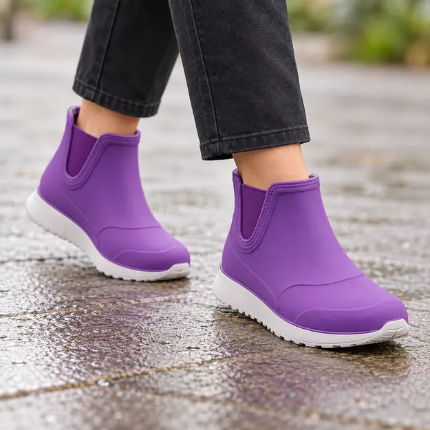 bottines de pluie femme violettes fourrees portees en marchant avec un pantalon sombre 45179