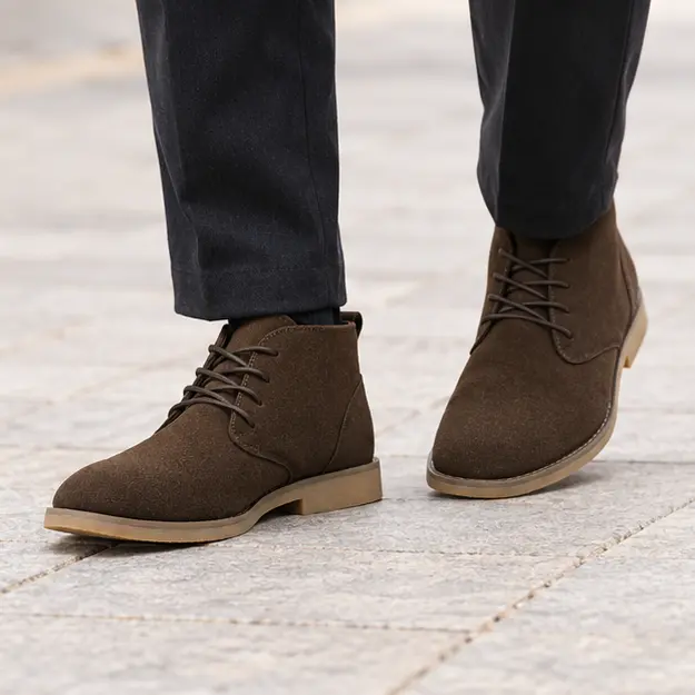 bottines desert homme marron en suedine portees en marchant avec un pantalon sombre 45445