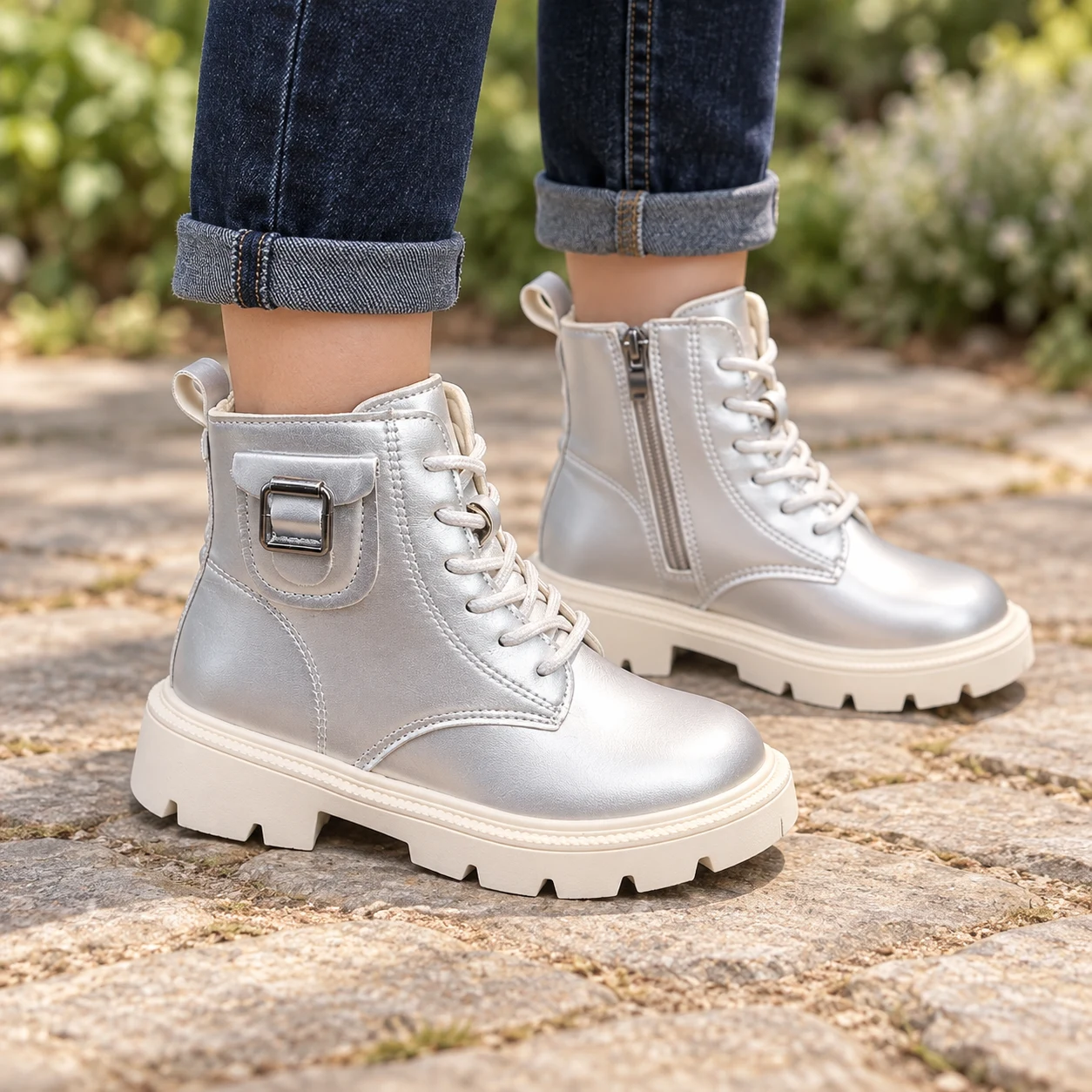bottines enfant argentees a lacets et boucle laterale mise en situation portees