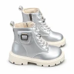 bottines enfant argentees a lacets et boucle laterale vue ensemble fond blanc