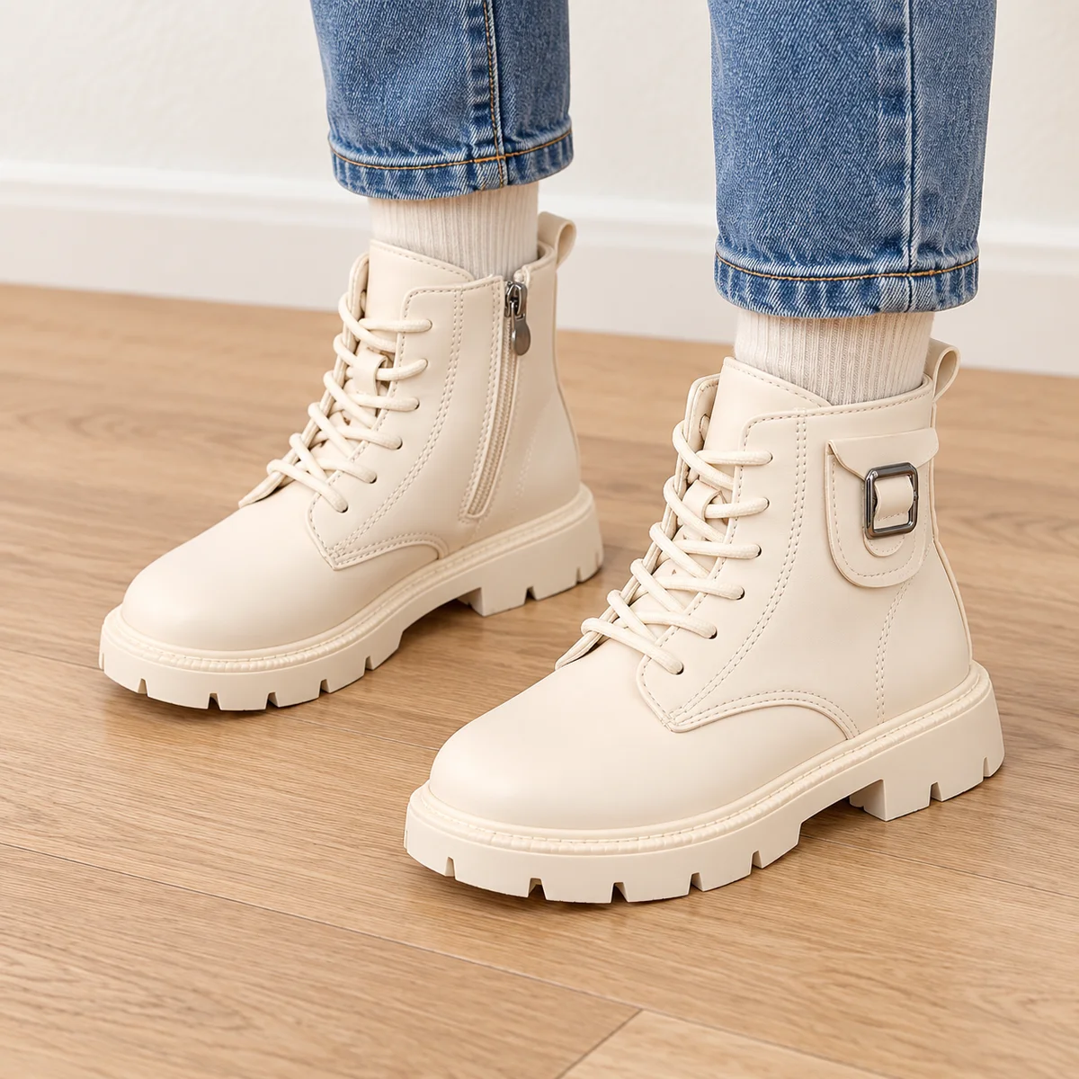 bottines enfant beige ivoire a boucle argentee portees par un enfant