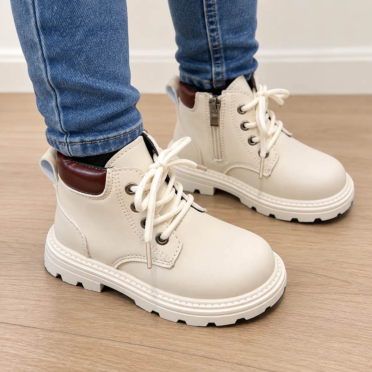 bottines enfant beiges a zip et lacets style britannique portees par un enfant