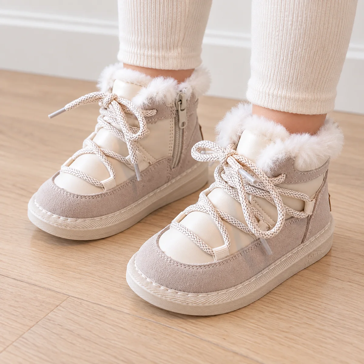 bottines enfant beiges fourrees a lacets et zip portees par un enfant