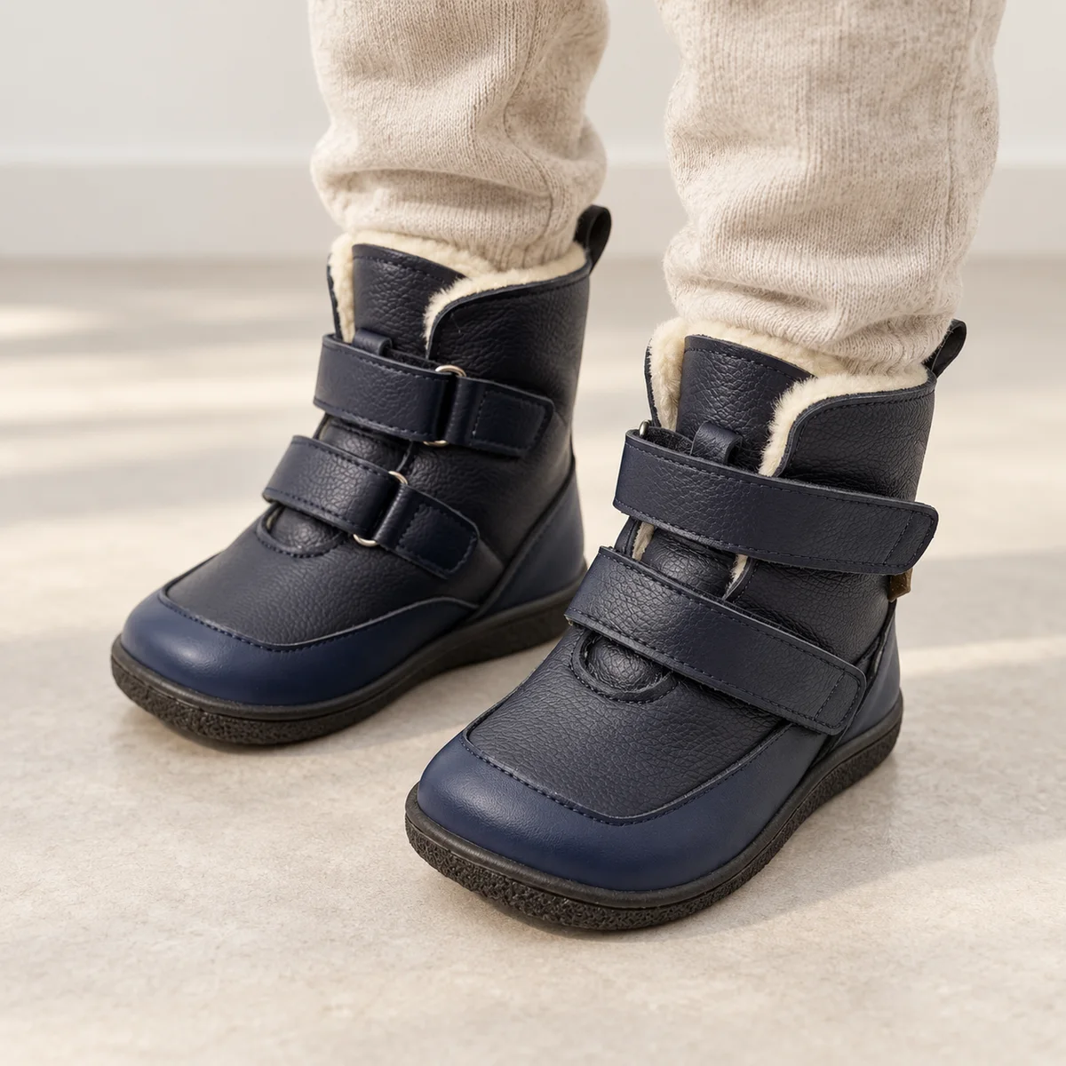 bottines enfant bleu marine fourrees a double scratch portees par un enfant