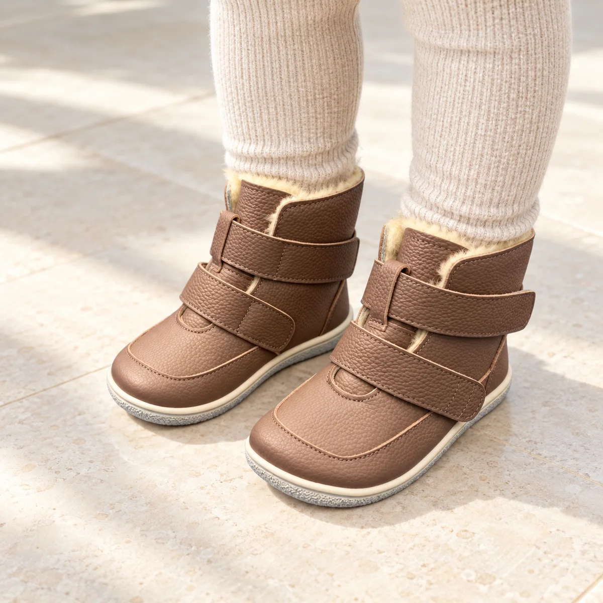 bottines enfant cafe clair fourrees a double scratch portees par un enfant
